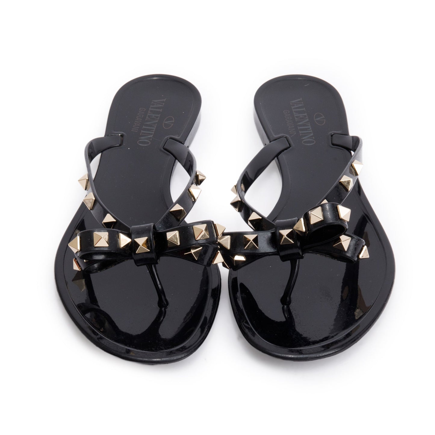 Valentino Black Rubber Bow Rockstud Jelly Thong Sandals, Size 40