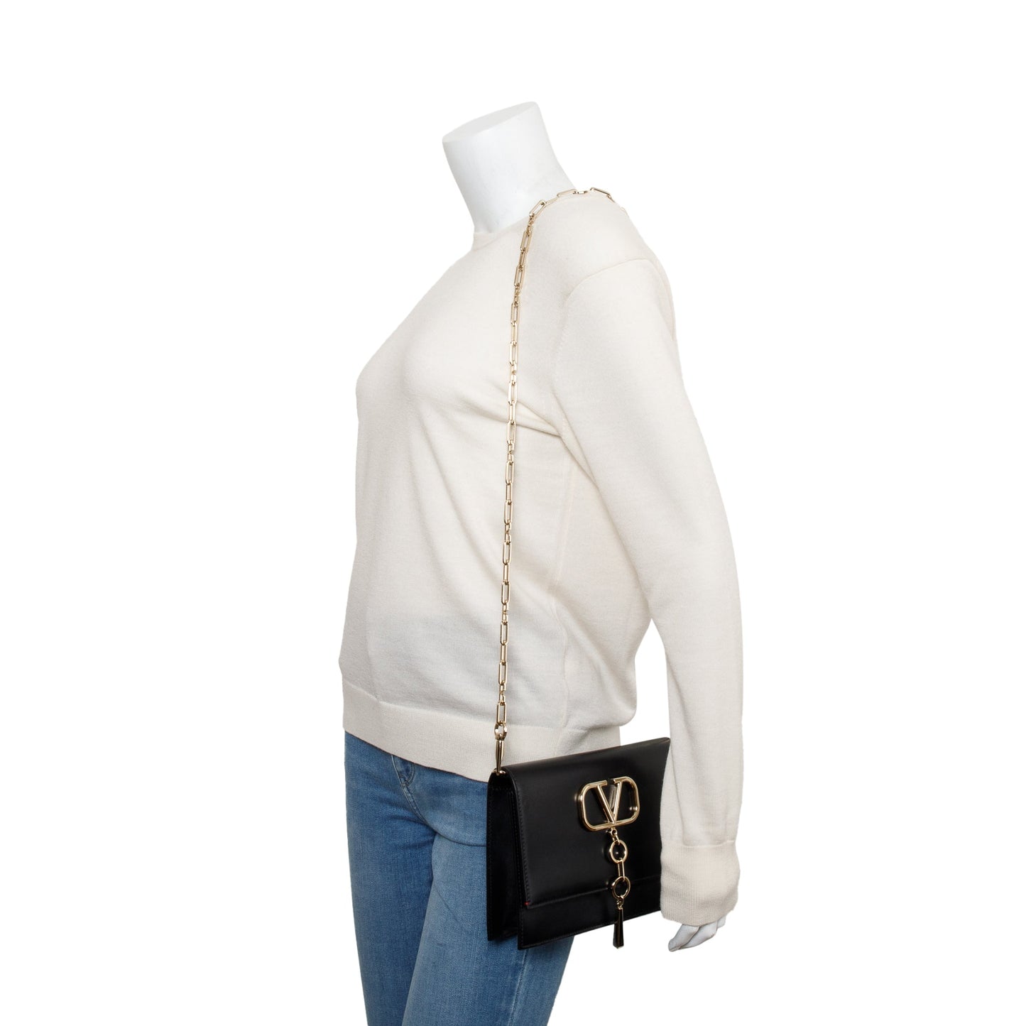 Valentino Black Smooth Calfskin Leather Vcase Chain Shoulder Bag