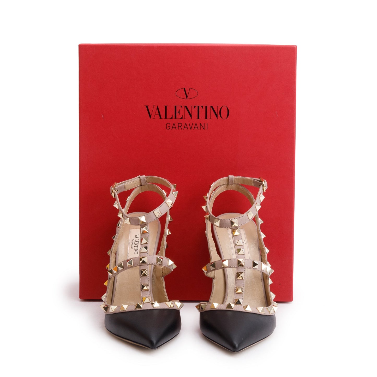 Valentino Black/Beige Leather Rockstud Ankle Strap Pumps, Size 38