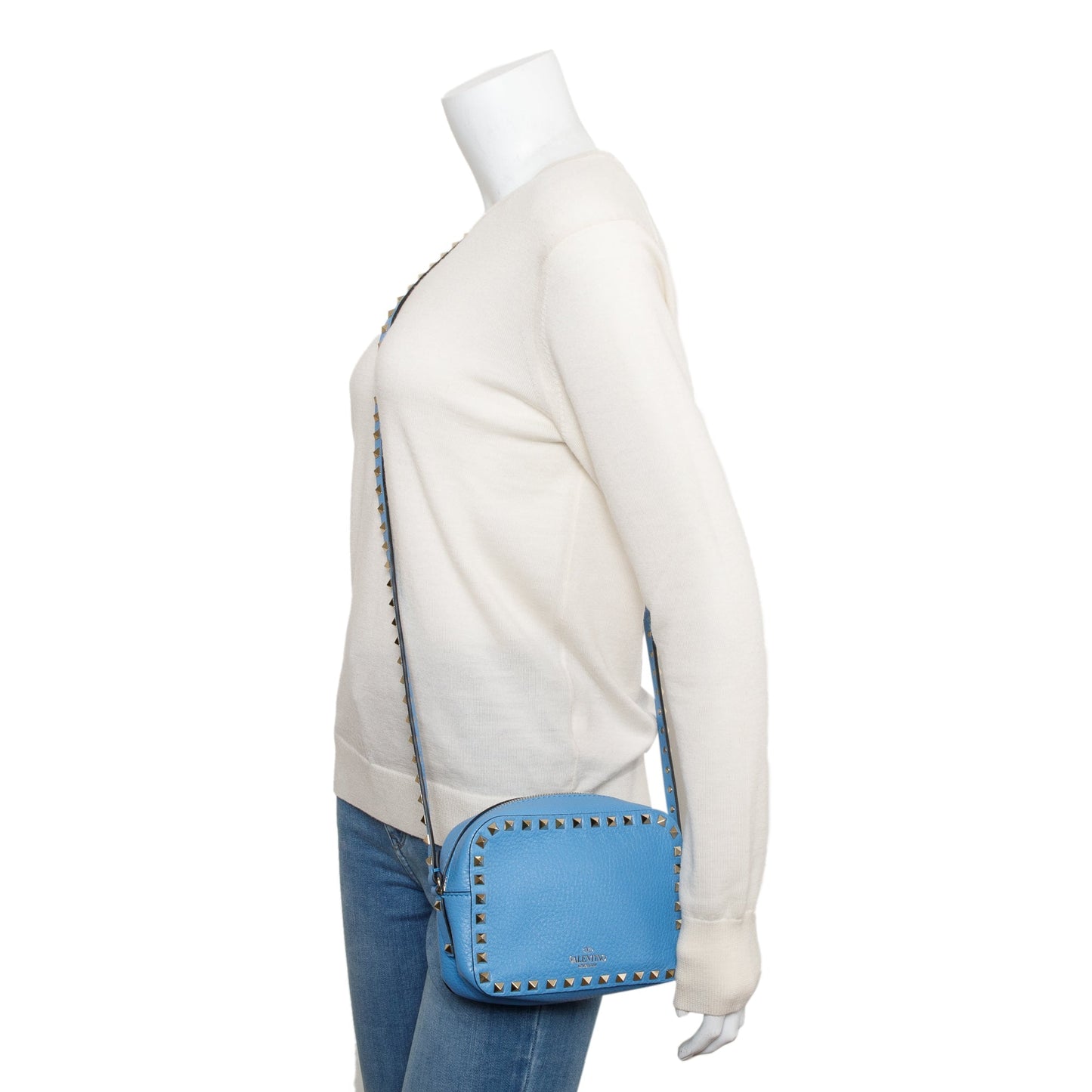 Valentino Blue Grained Calfskin Leather Rockstud Camera Crossbody Bag