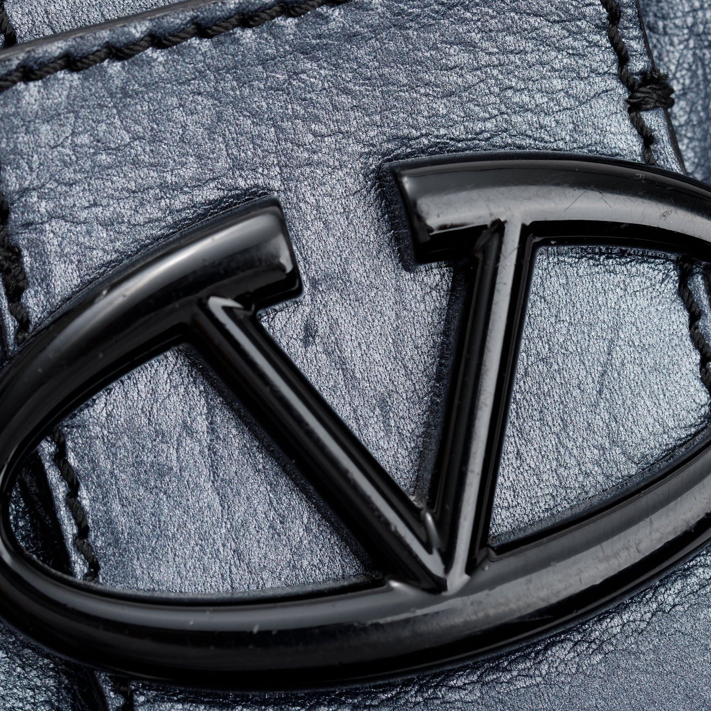 Valentino Blue Metallic Leather V-Logo Leather Shoulder Bag