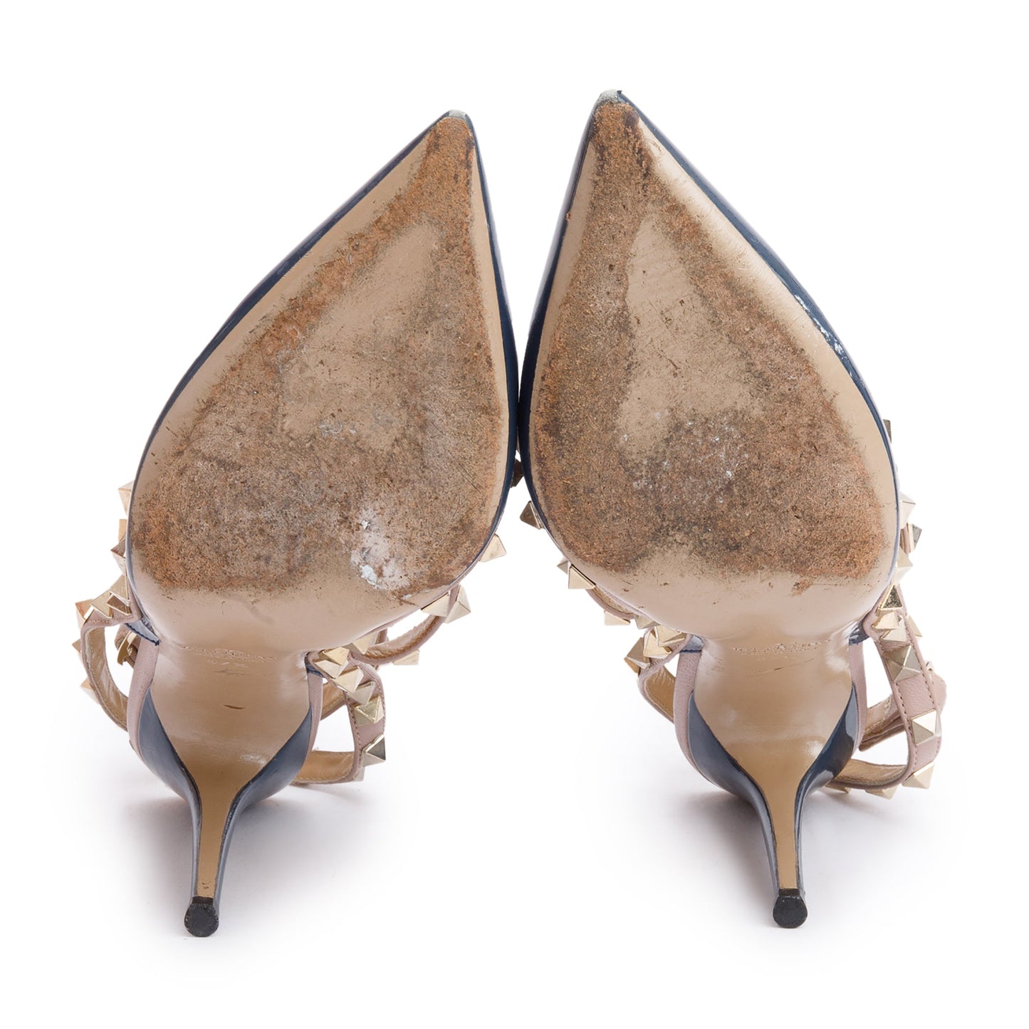 Valentino Blue/Beige Leather Rockstud Ankle Strap Pumps, Size 37.5