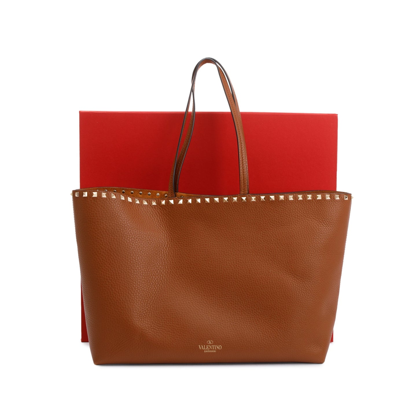 Valentino Brown Grained Calfskin Large Rockstud Tote