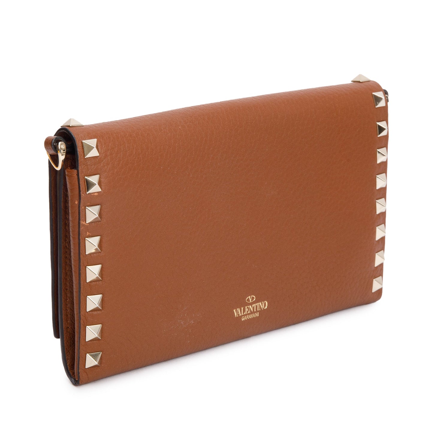 Valentino Brown Grained Leather Rockstud Wallet On Chain