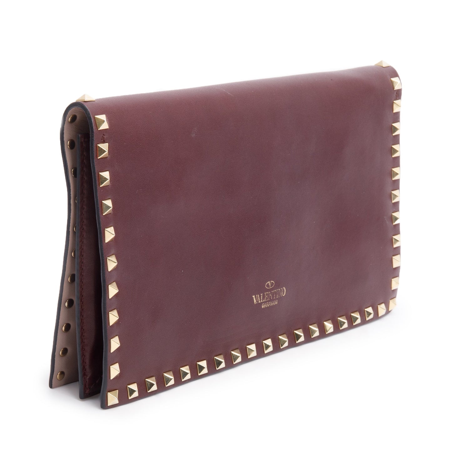 Valentino Burgundy Smooth Calfskin Leather Rockstud Wristlet Clutch