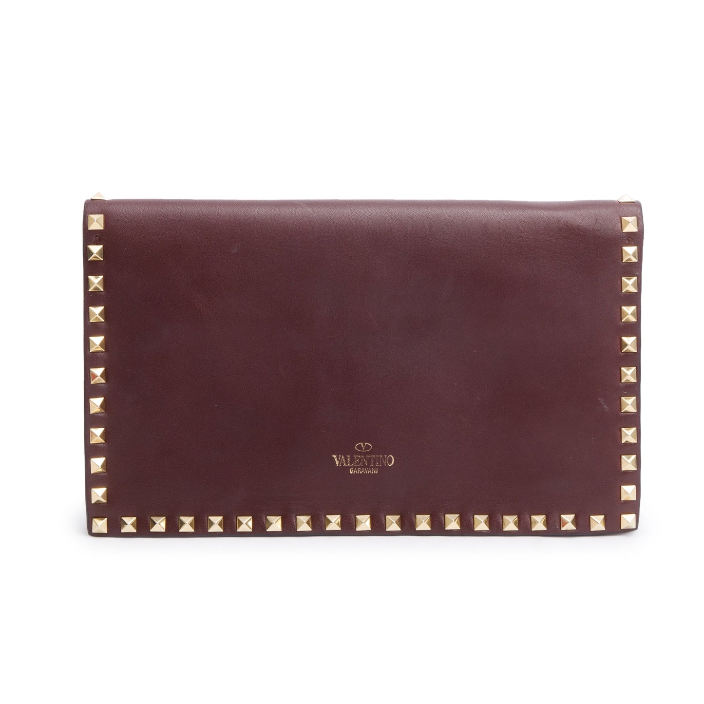 Valentino Burgundy Smooth Calfskin Leather Rockstud Wristlet Clutch
