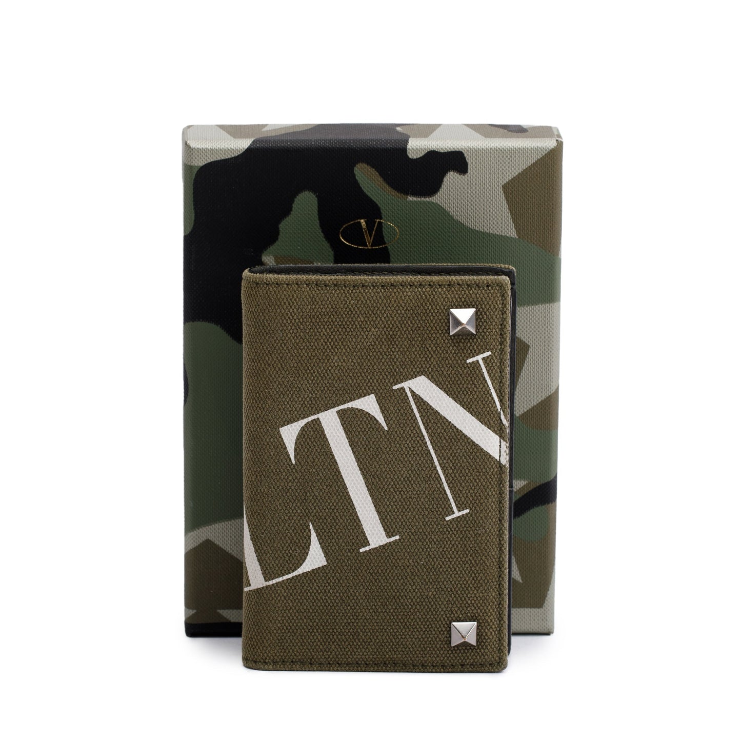 Valentino Green Canvas VLTN Rockstud Card Holder