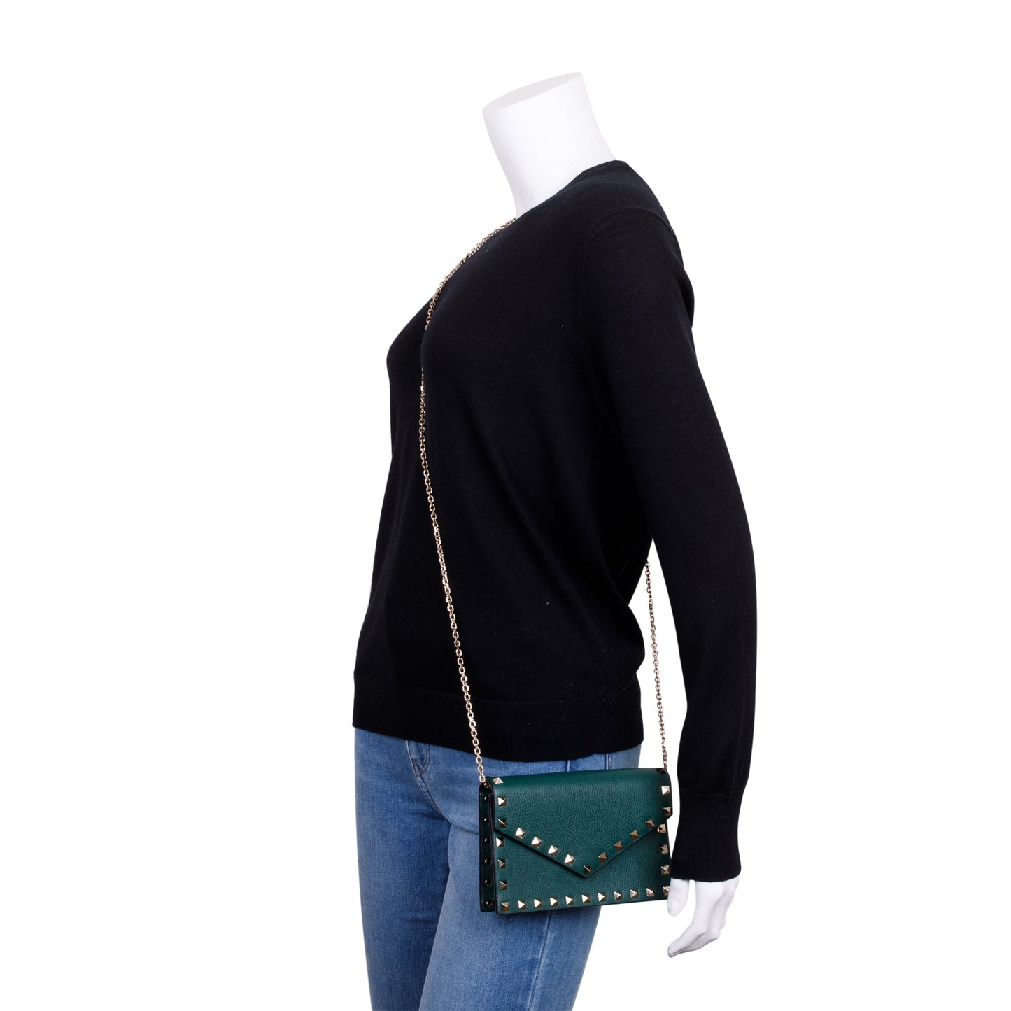 Valentino Green Pebbled Calfskin Rockstud Envelope Wallet on Chain