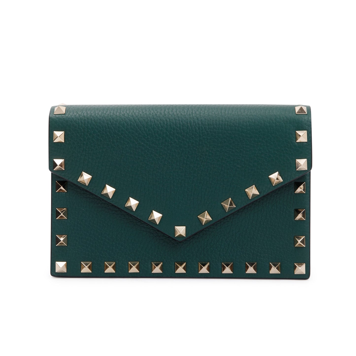 Valentino Green Pebbled Calfskin Rockstud Envelope Wallet on Chain