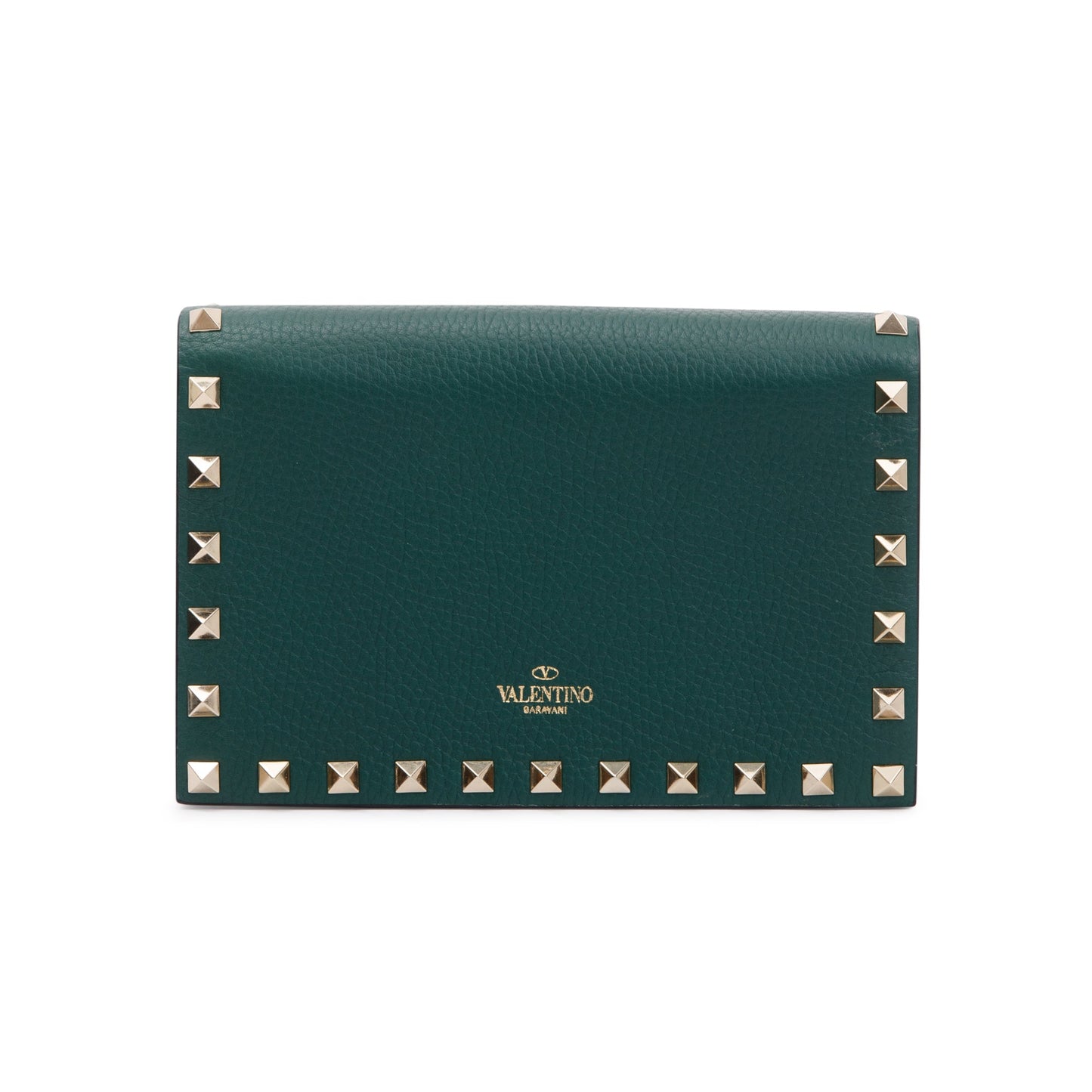 Valentino Green Pebbled Calfskin Rockstud Envelope Wallet on Chain