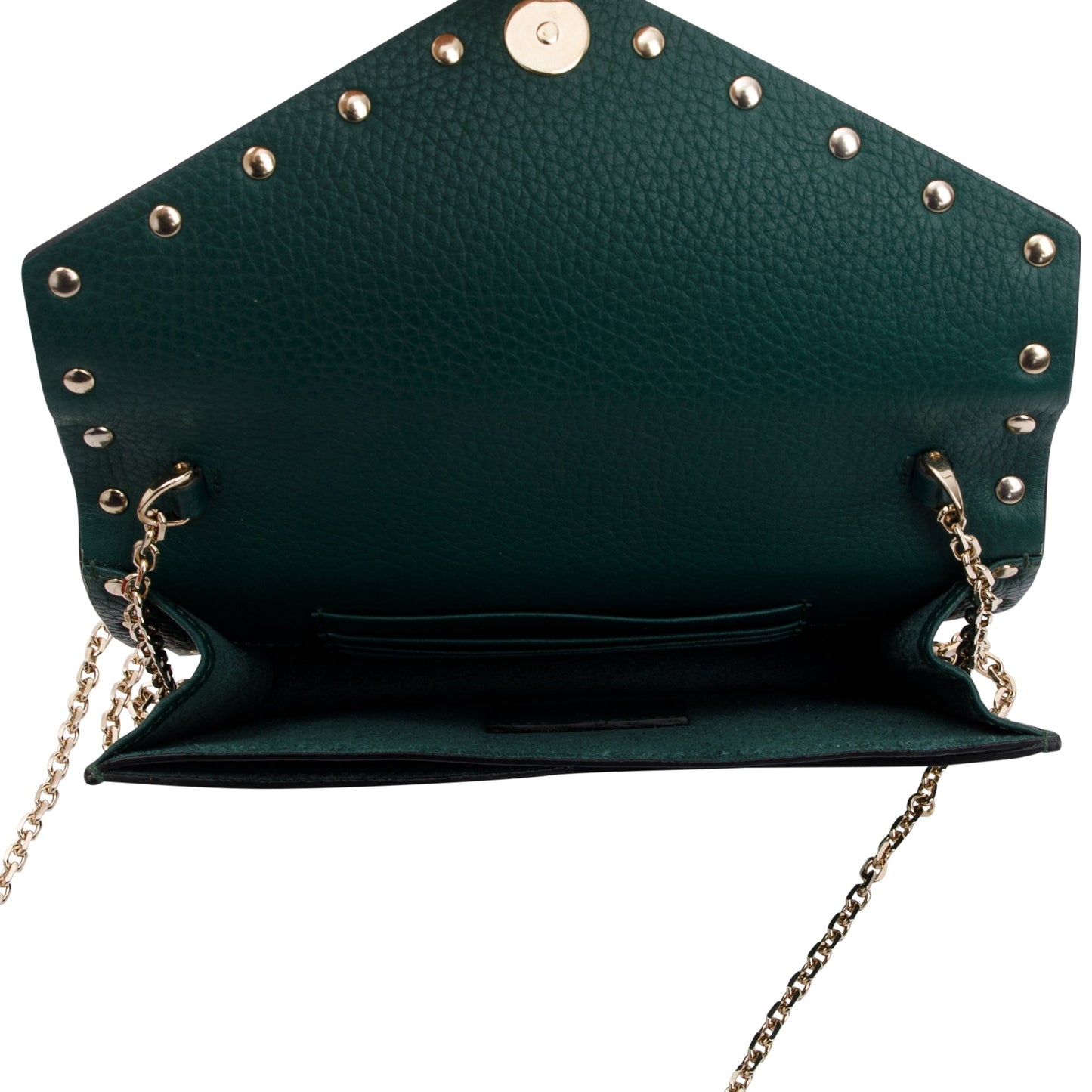 Valentino Green Pebbled Calfskin Rockstud Envelope Wallet on Chain