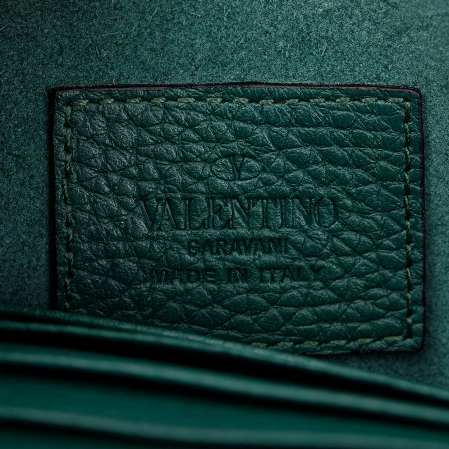 Valentino Green Pebbled Calfskin Rockstud Envelope Wallet on Chain