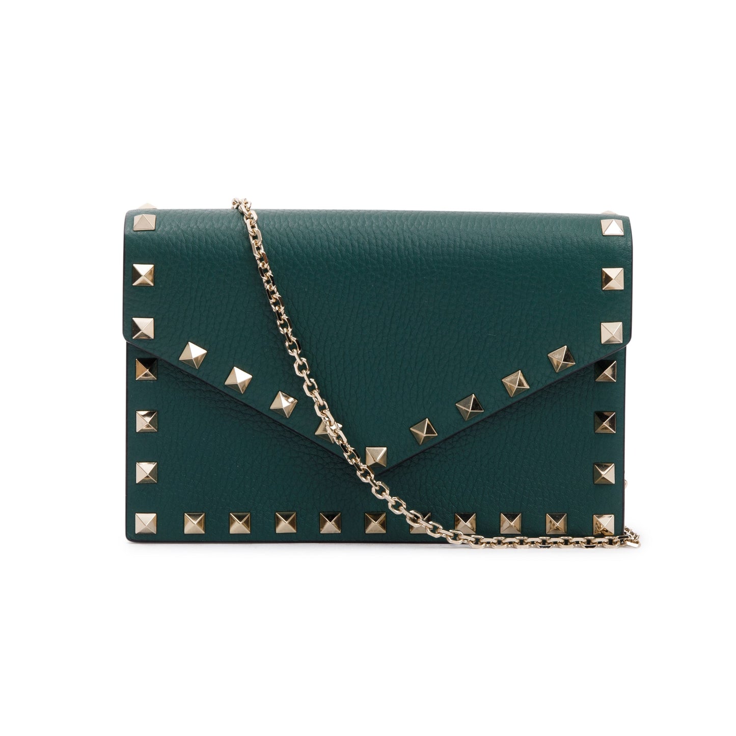 Valentino Green Pebbled Calfskin Rockstud Envelope Wallet on Chain