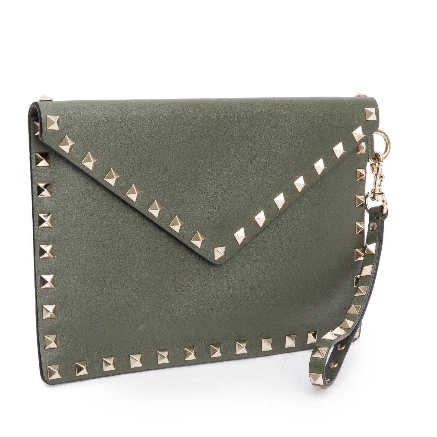 Valentino Green Smooth Calfskin Leather Rockstud Wristlet Clutch
