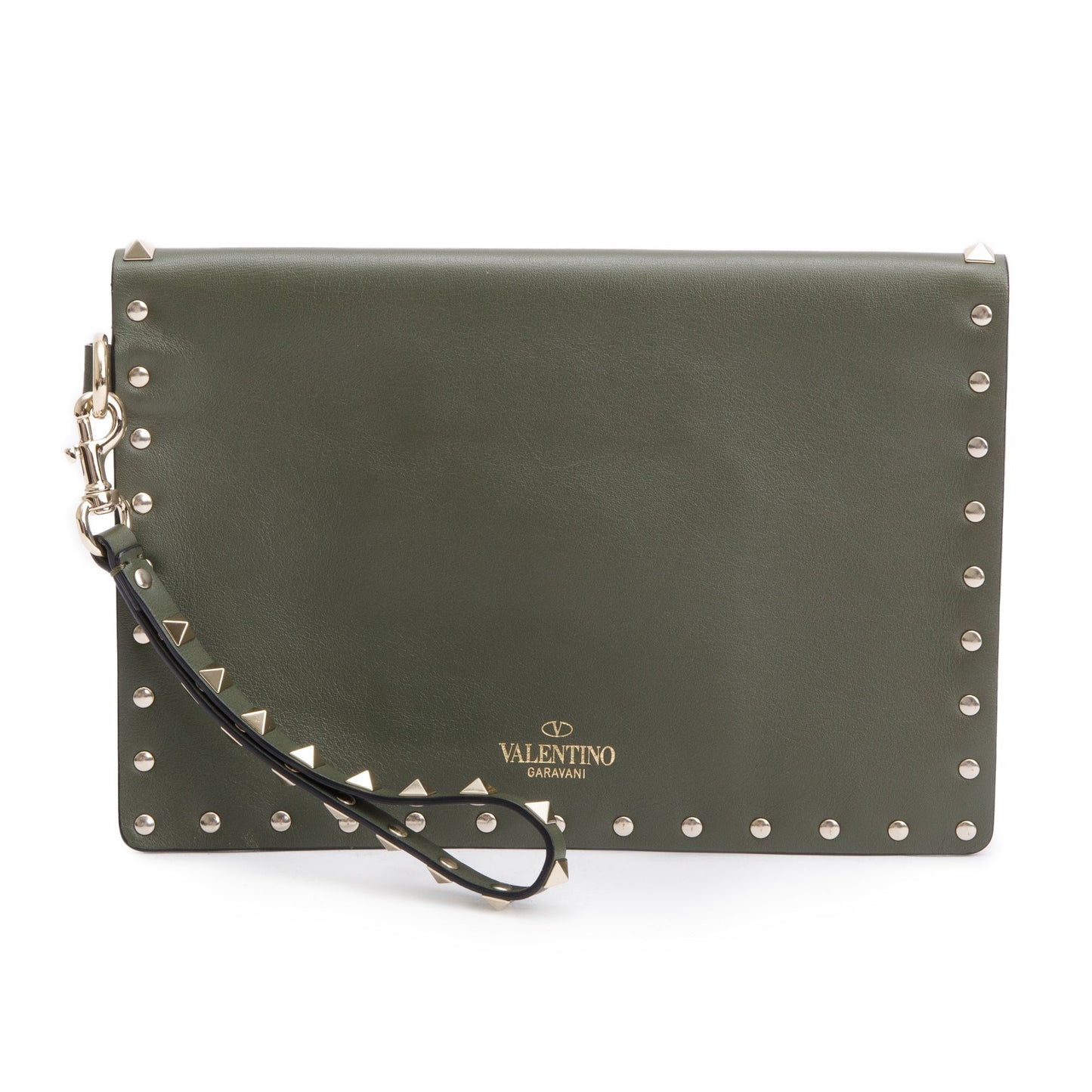 Valentino Green Smooth Calfskin Leather Rockstud Wristlet Clutch