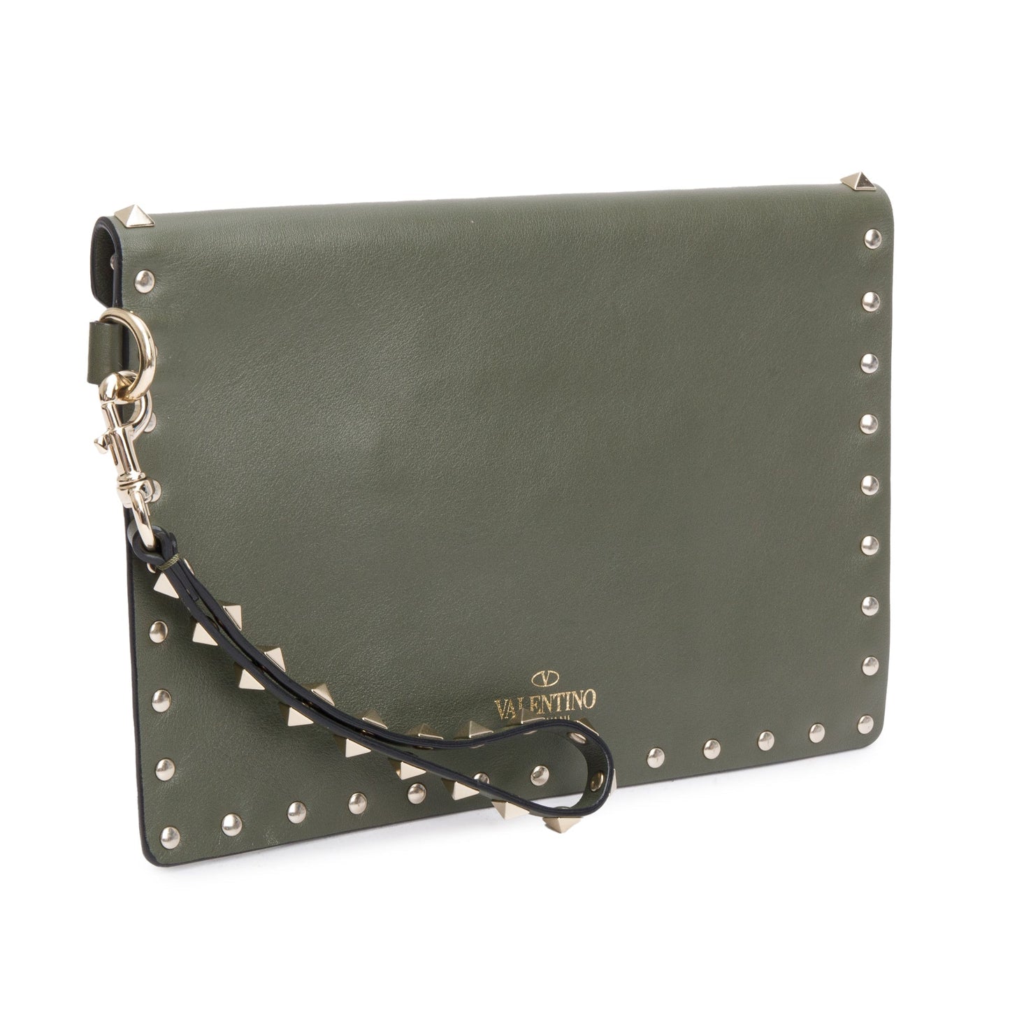 Valentino Green Smooth Calfskin Leather Rockstud Wristlet Clutch