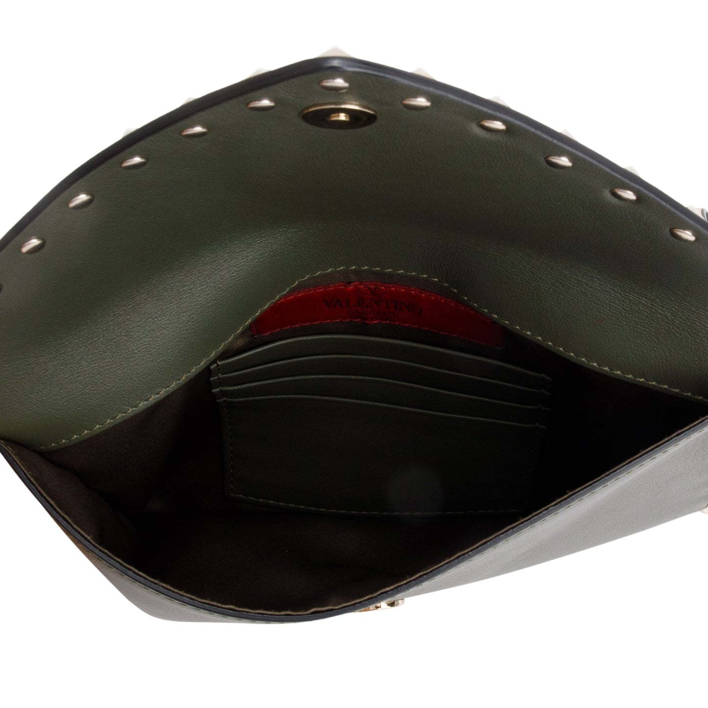 Valentino Green Smooth Calfskin Leather Rockstud Wristlet Clutch