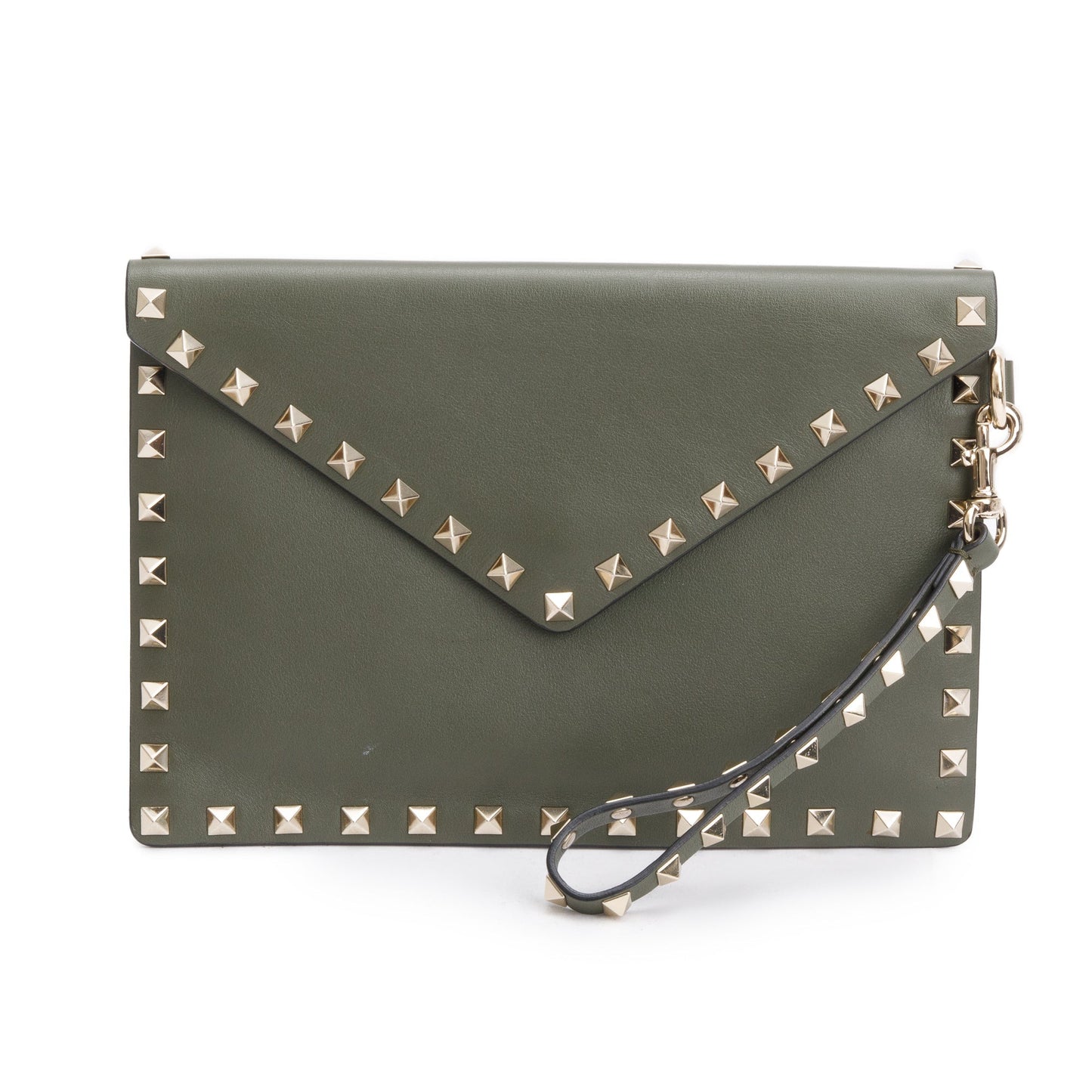 Valentino Green Smooth Calfskin Leather Rockstud Wristlet Clutch