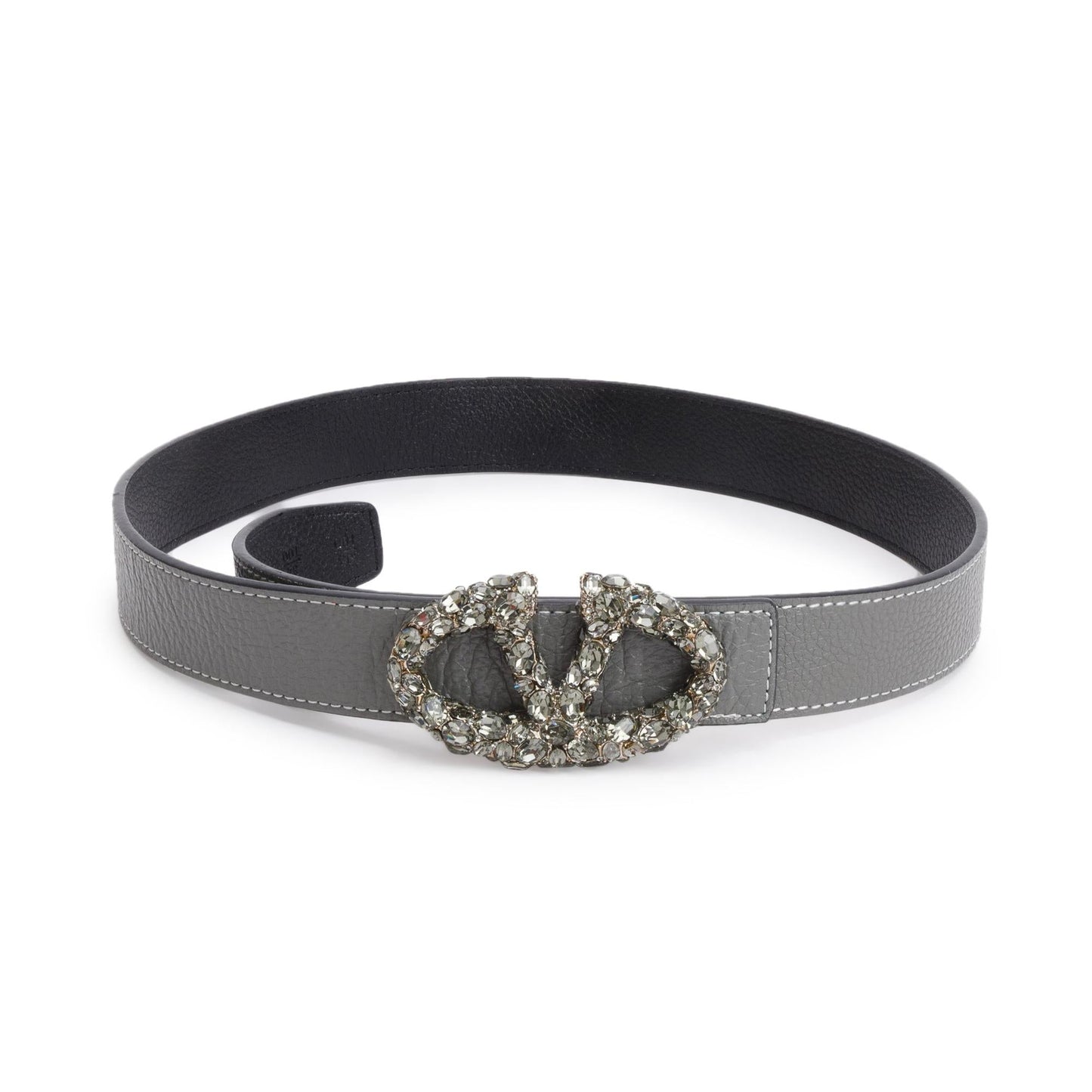 Valentino Grey/Black Calfskin Leather Crystal Vlogo Signature 30 MM Leather Belt, 100 34