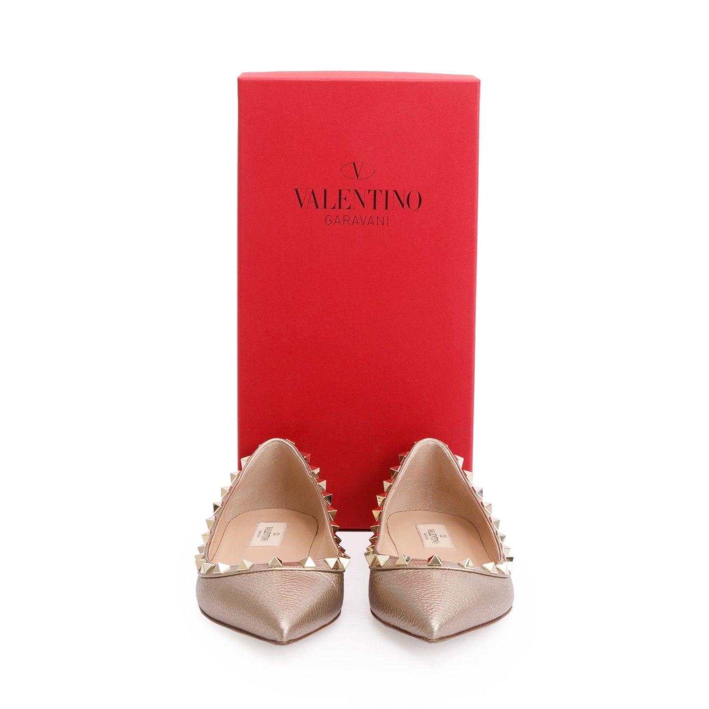 Valentino Metallic Gold Grained Leather Rockstud Ballet Flat Shoes, Size 38