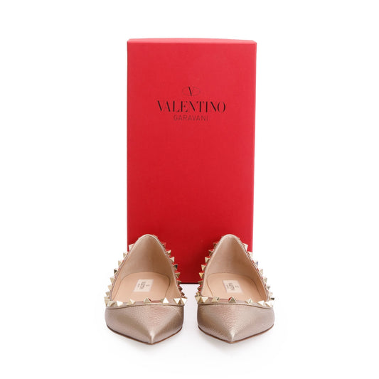 Valentino Metallic Gold Grained Leather Rockstud Ballet Flat Shoes, Size 38