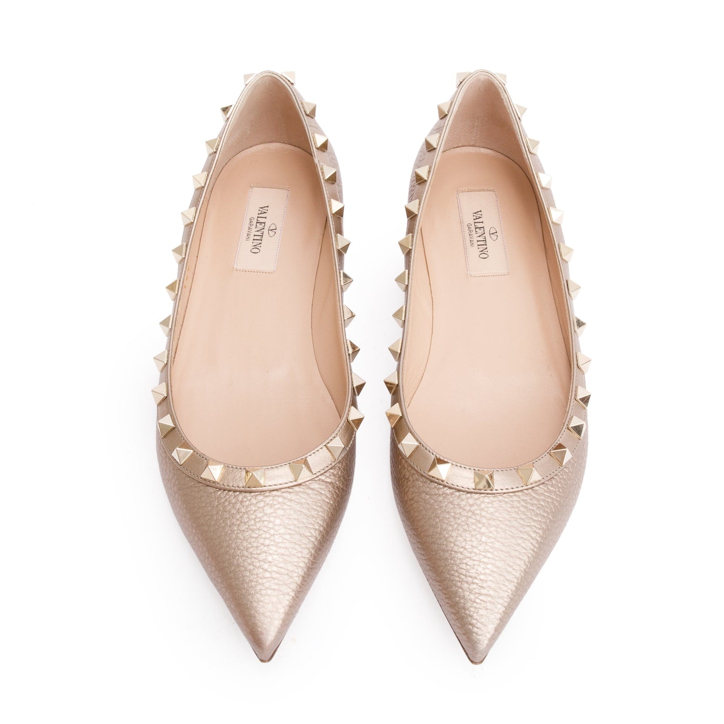 Valentino Metallic Gold Grained Leather Rockstud Ballet Flat Shoes, Size 38