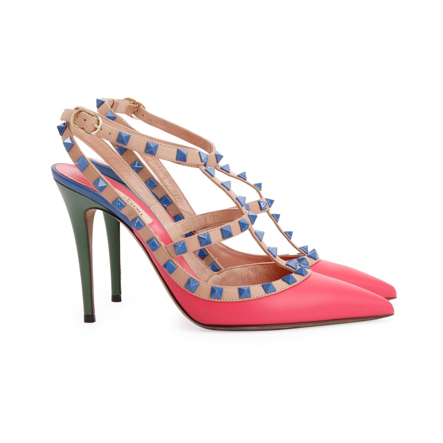 Valentino Multicolour Leather Rockstud Ankle Strap Pumps, Size 39