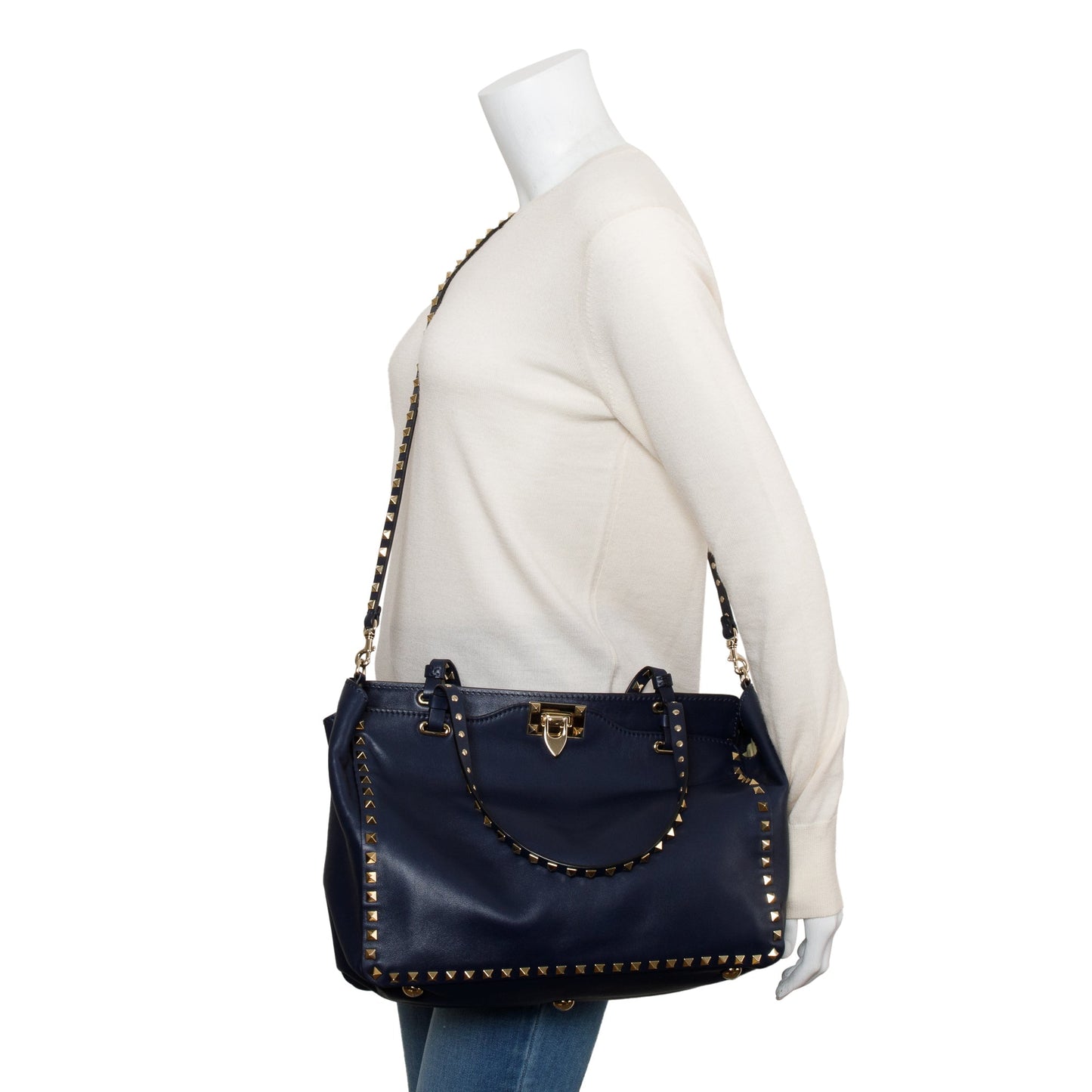Valentino Navy Calfskin Leather Medium Rockstud Tote Bag