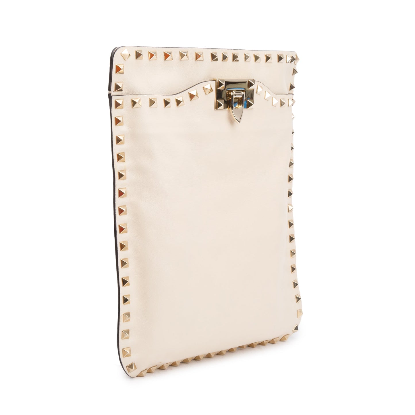 Valentino Neutral Calfskin Leather Rockstud Foldover Crossbody