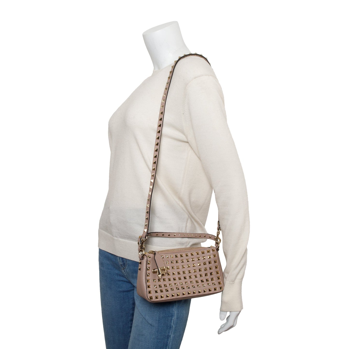 Valentino Neutral Grained Calfskin Leather All Over Rockstud Small Crossbody Bag