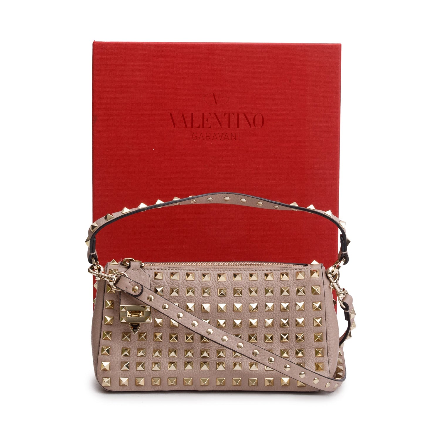 Valentino Neutral Grained Calfskin Leather All Over Rockstud Small Crossbody Bag