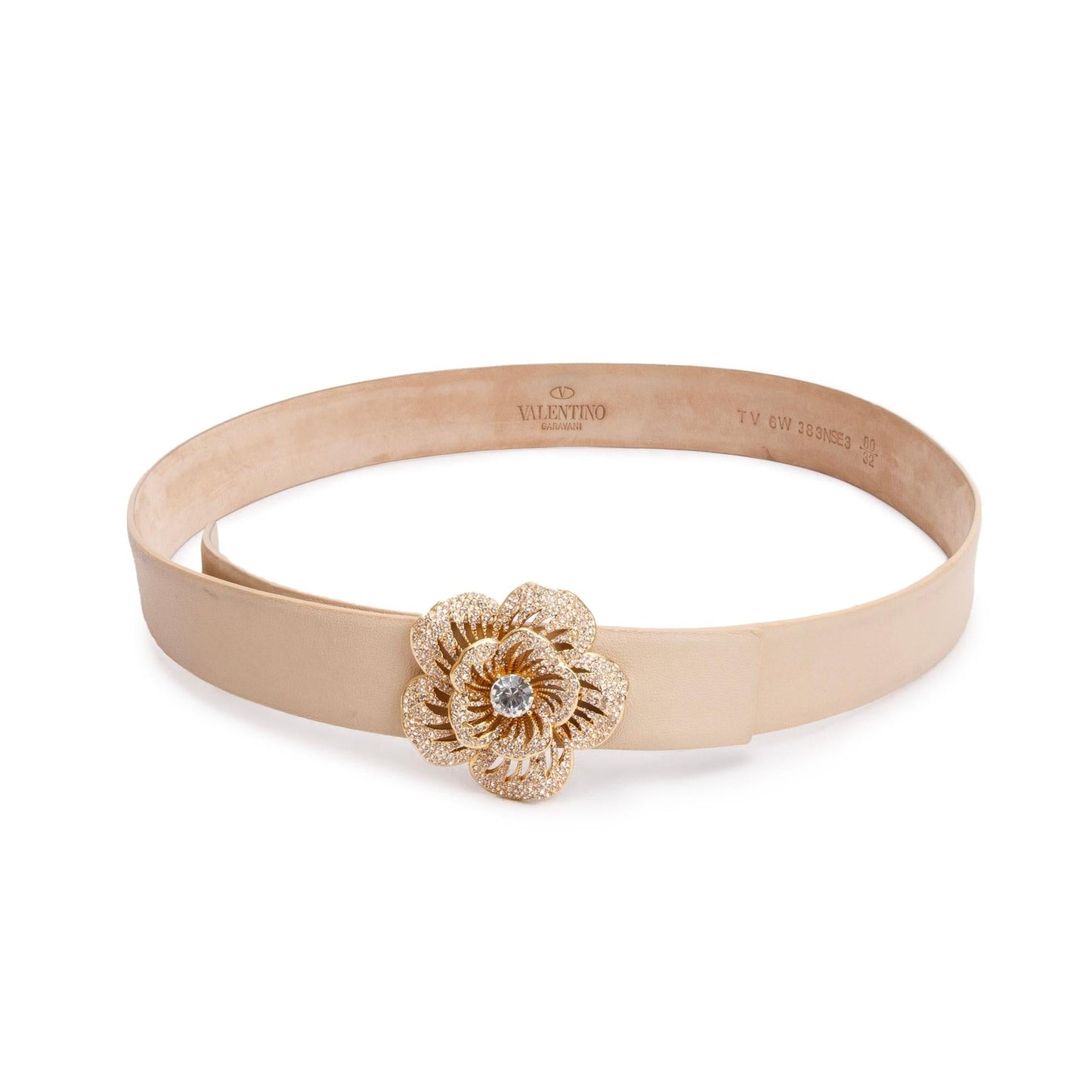 Valentino Neutral Leather Crystal Flower Buckle Belt, 80 32