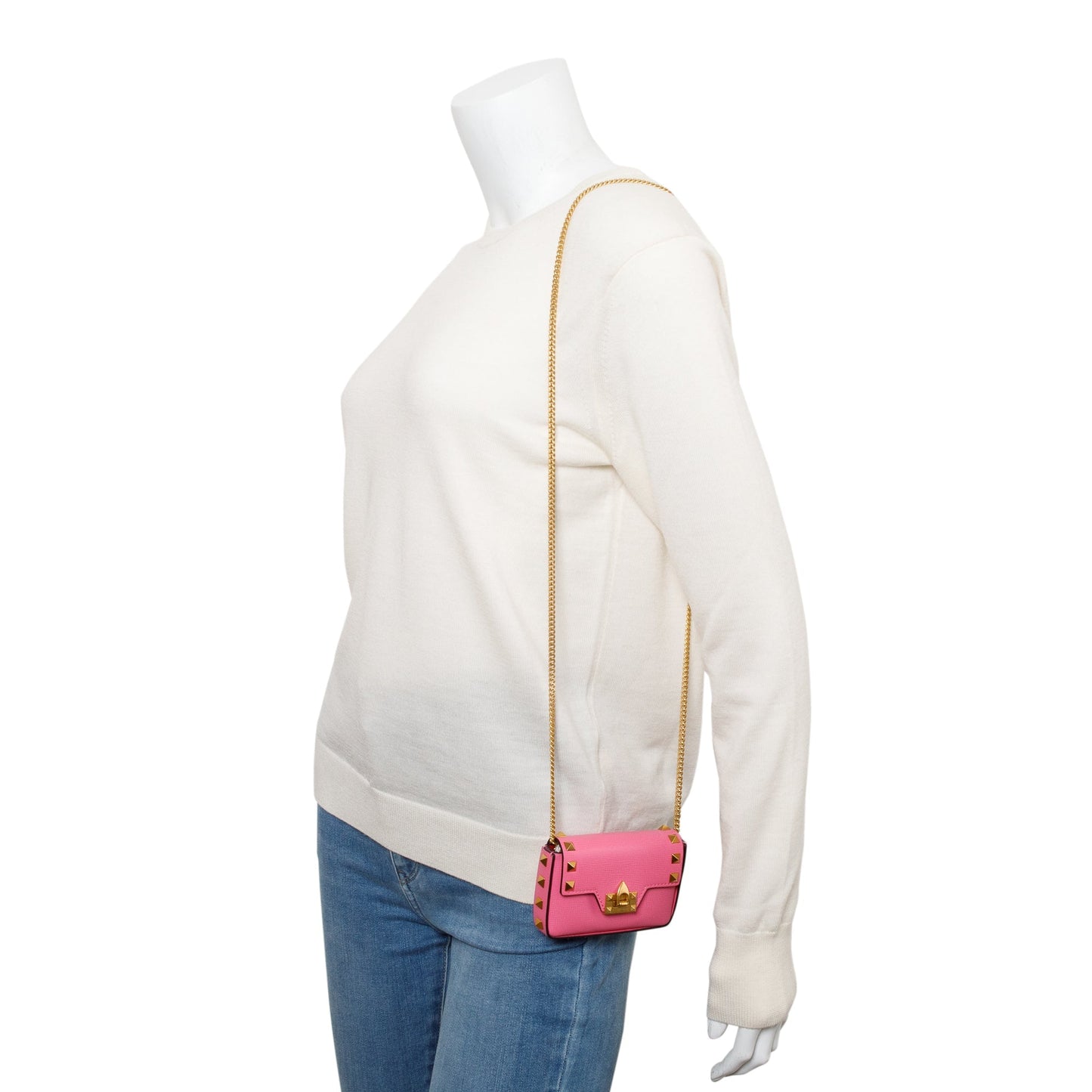 Valentino Pink Calfskin Leather Rockstud Micro Chain Bag