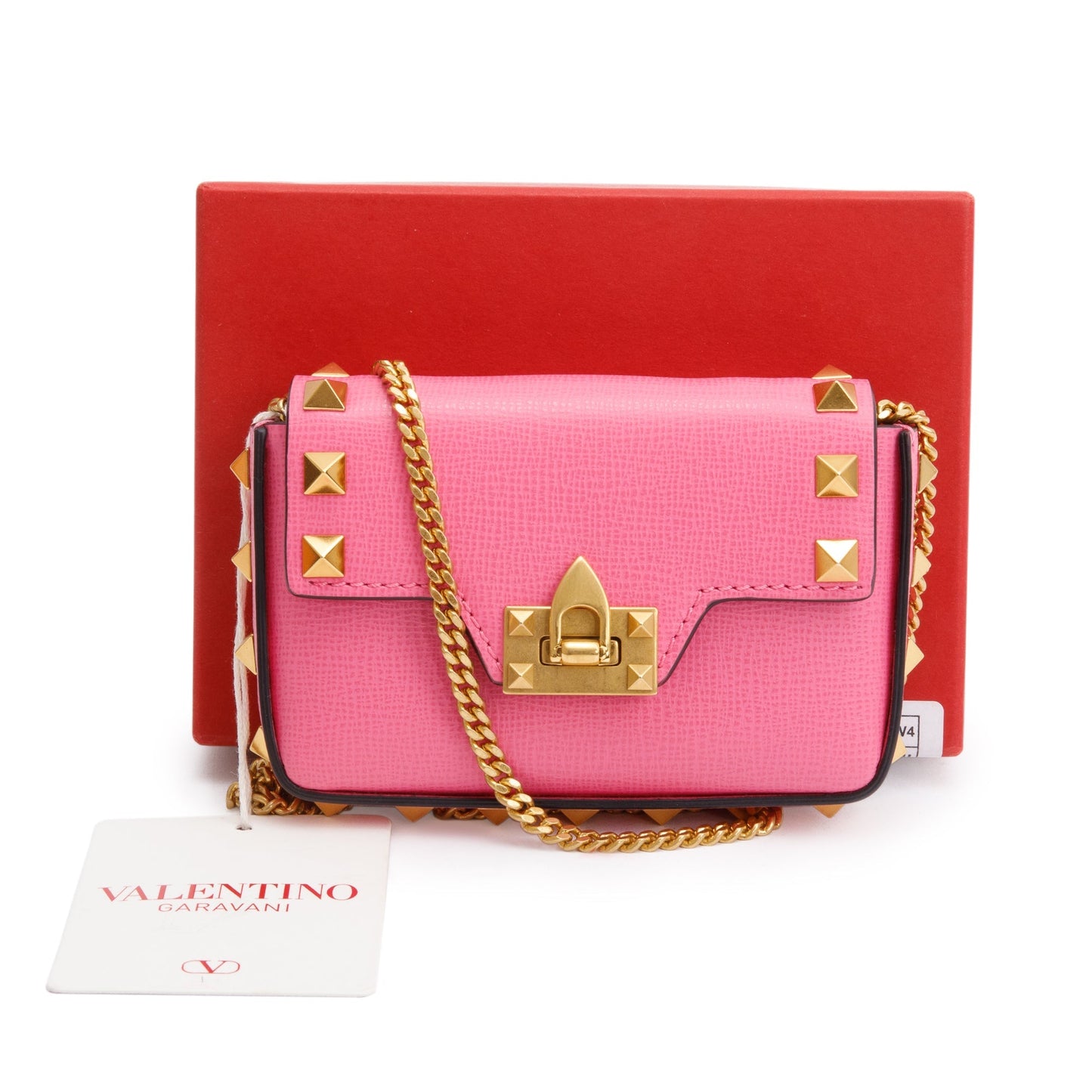 Valentino Pink Calfskin Leather Rockstud Micro Chain Bag