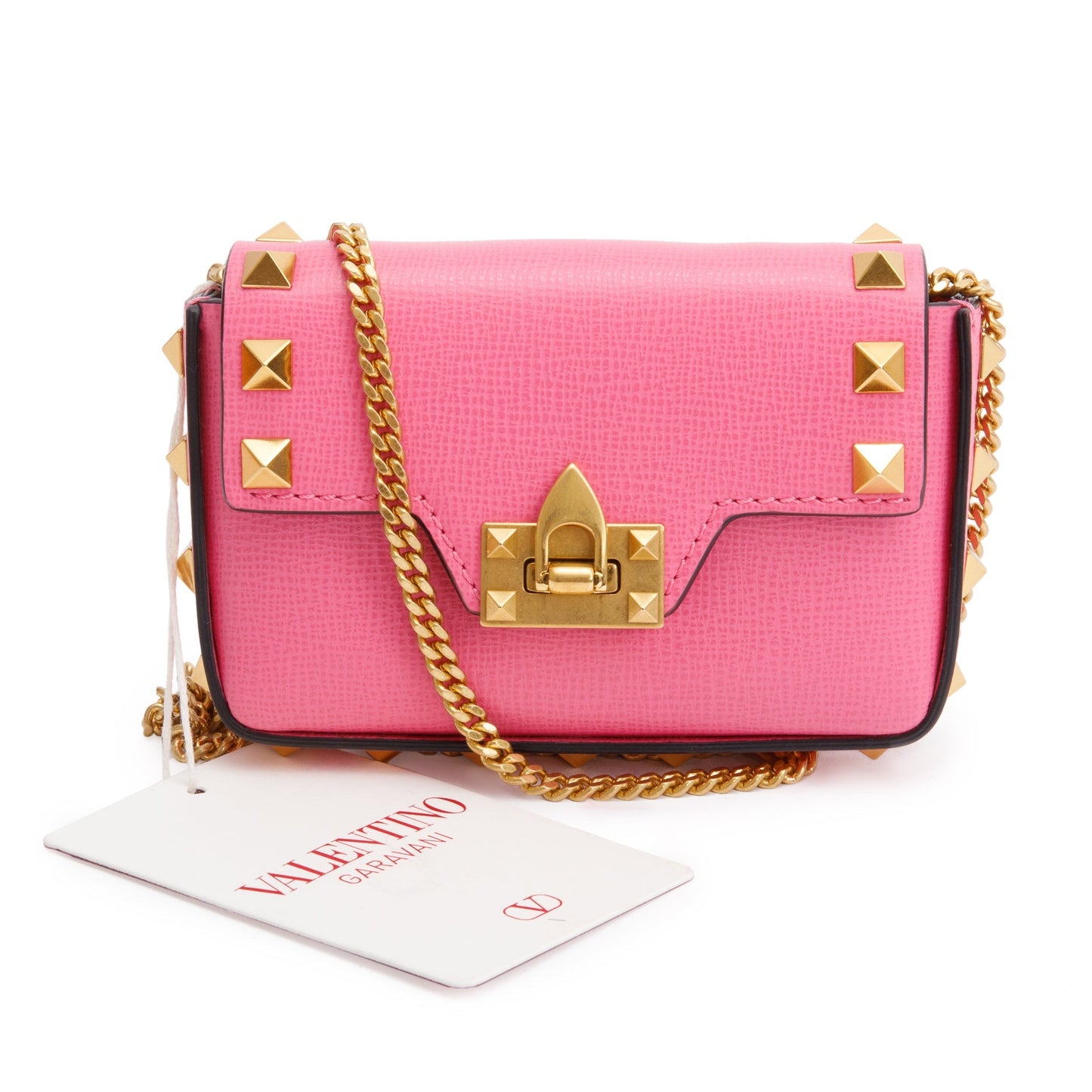 Valentino Pink Calfskin Leather Rockstud Micro Chain Bag