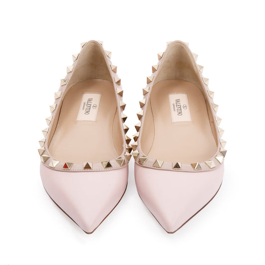 Valentino Pink Leather Rockstud Ballet Flat Shoes, Size 35