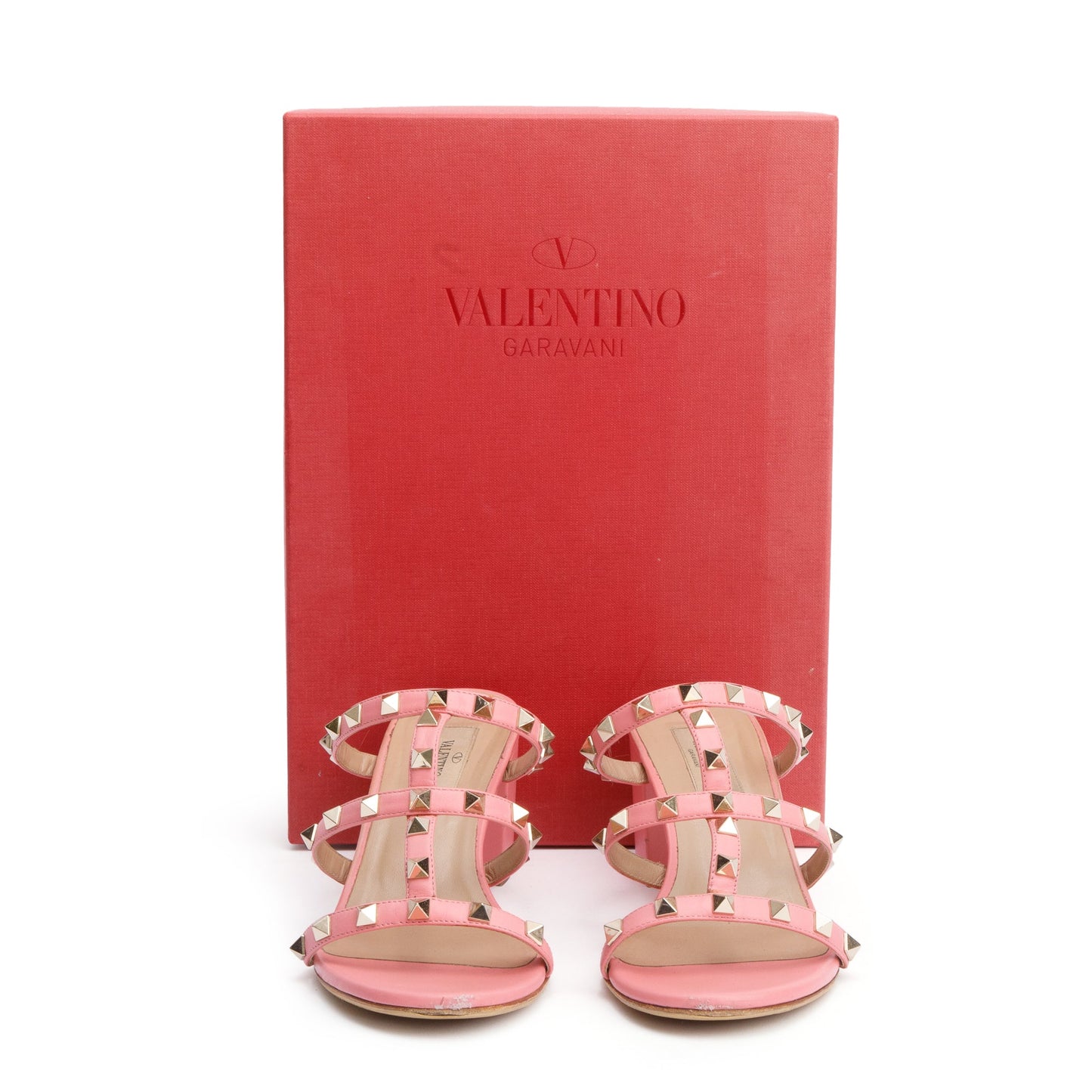 Valentino Pink Leather Rockstud Heeled Mule Sandals, Size 40