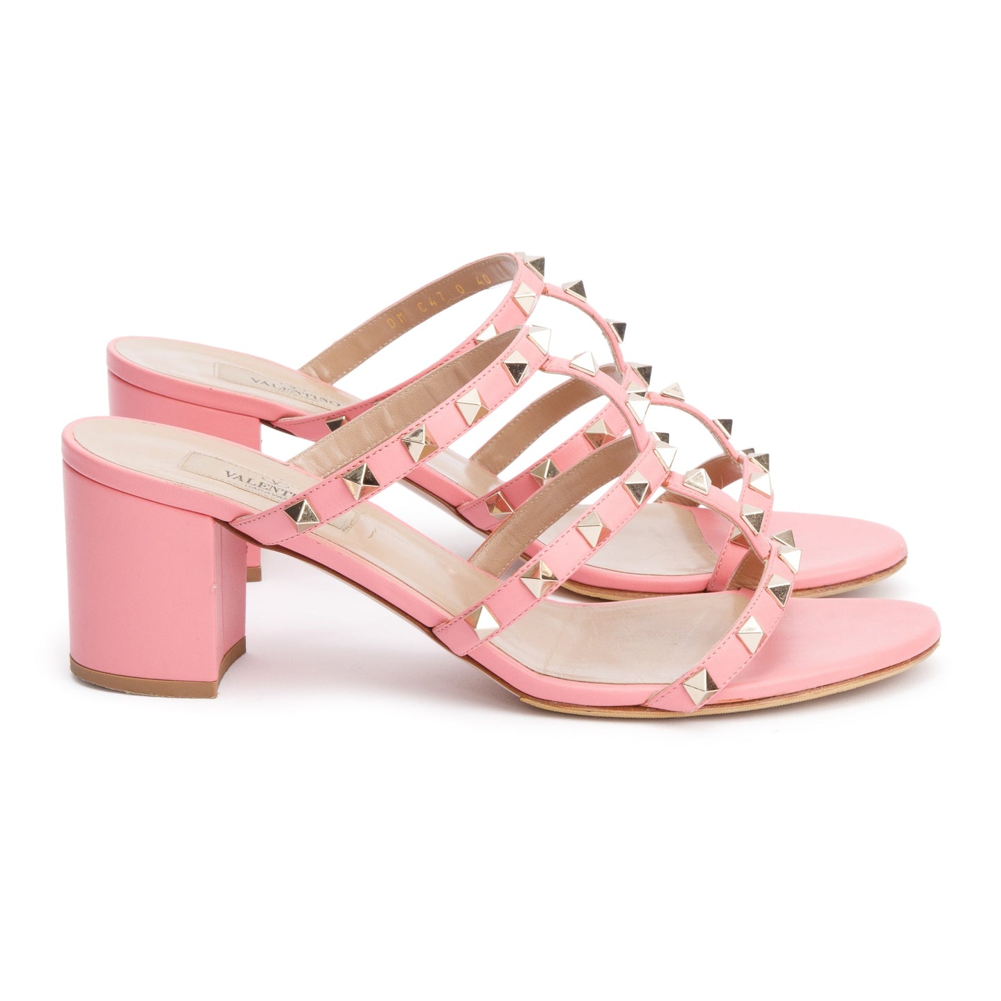 Valentino Pink Leather Rockstud Heeled Mule Sandals, Size 40