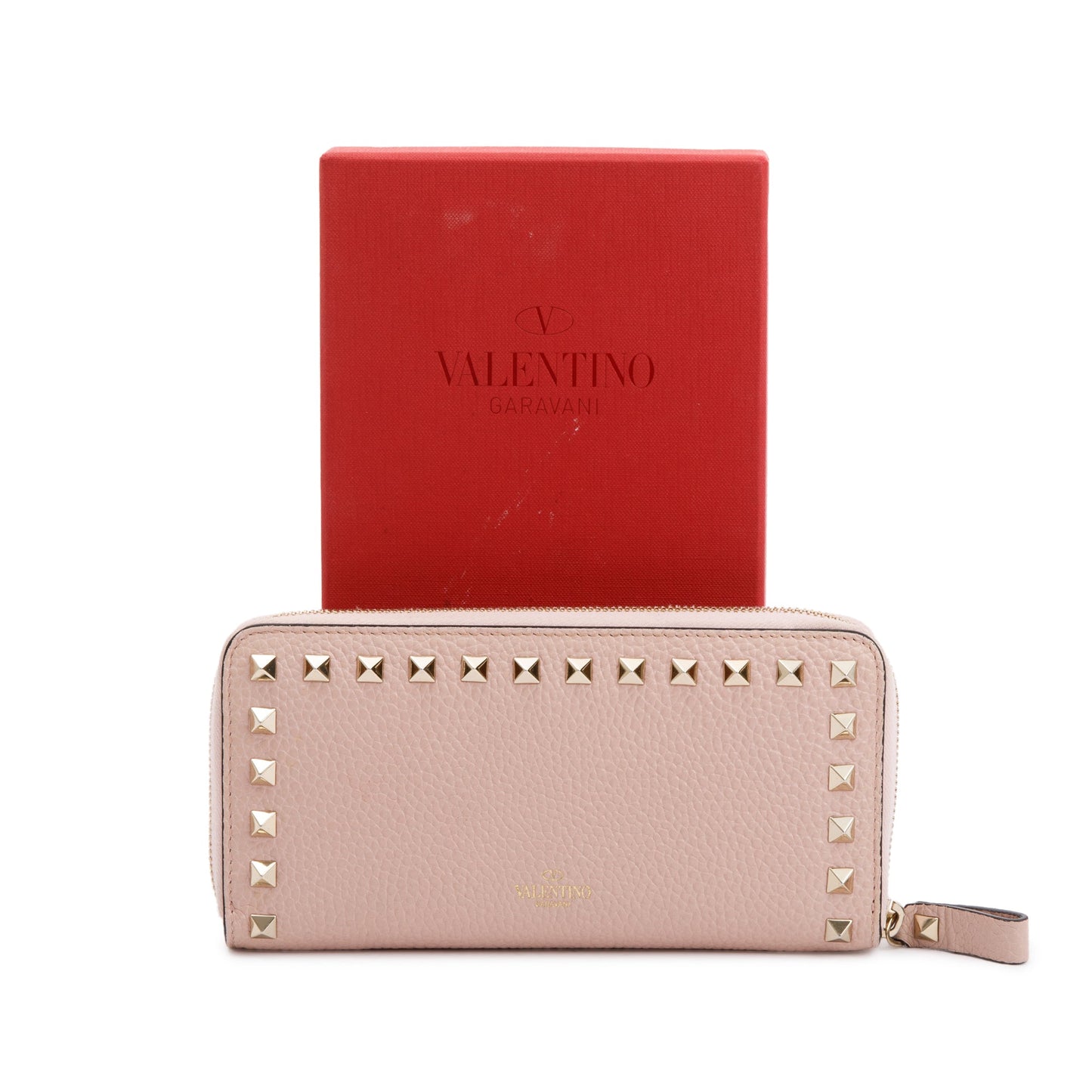 Valentino Pink Pebbled Calfskin Rockstud Zip Around Wallet