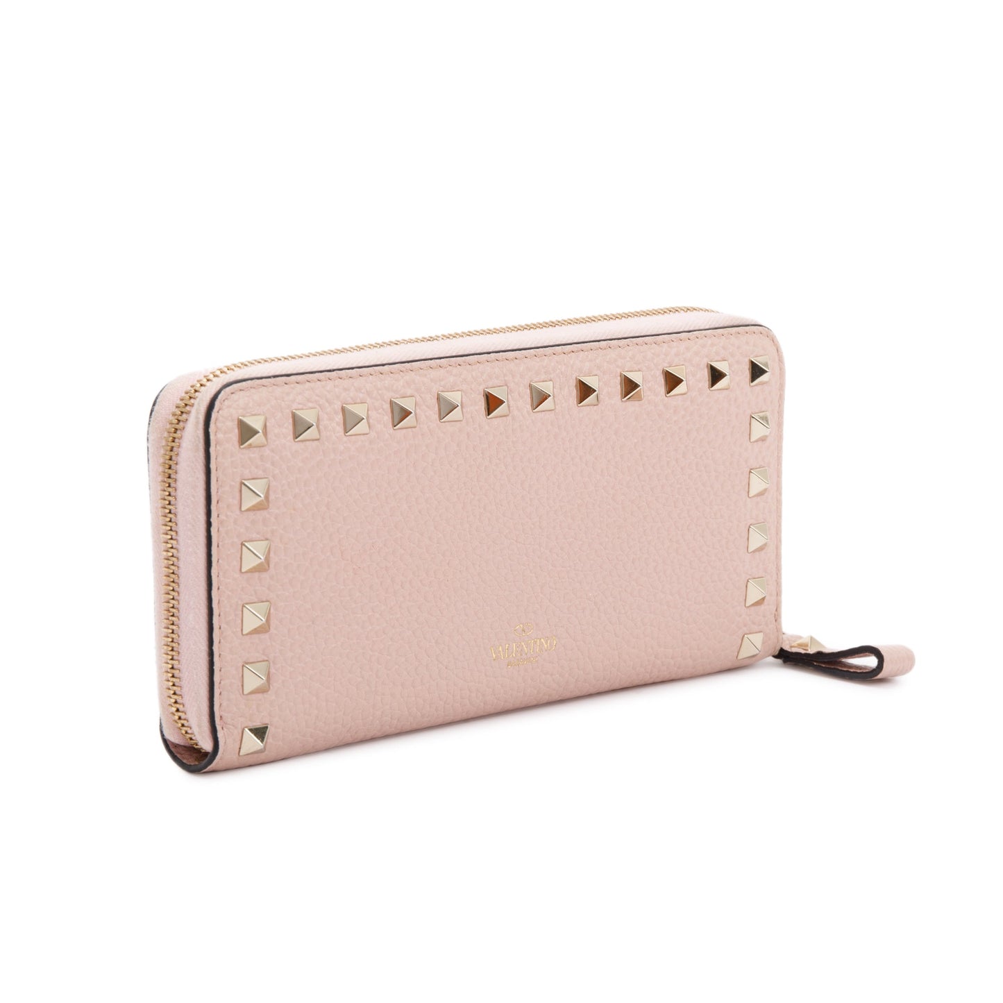 Valentino Pink Pebbled Calfskin Rockstud Zip Around Wallet