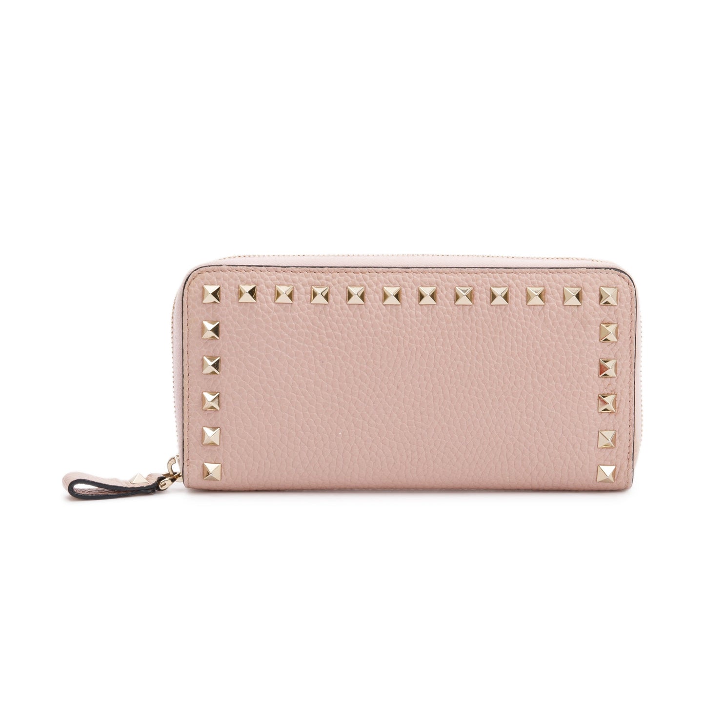 Valentino Pink Pebbled Calfskin Rockstud Zip Around Wallet