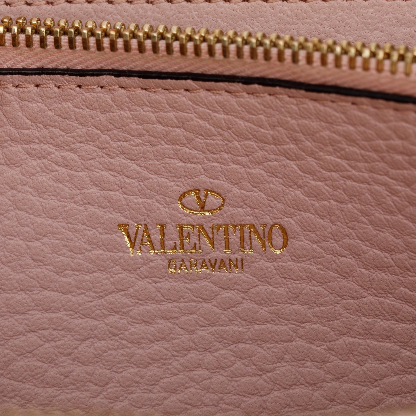 Valentino Pink Pebbled Calfskin Rockstud Zip Around Wallet