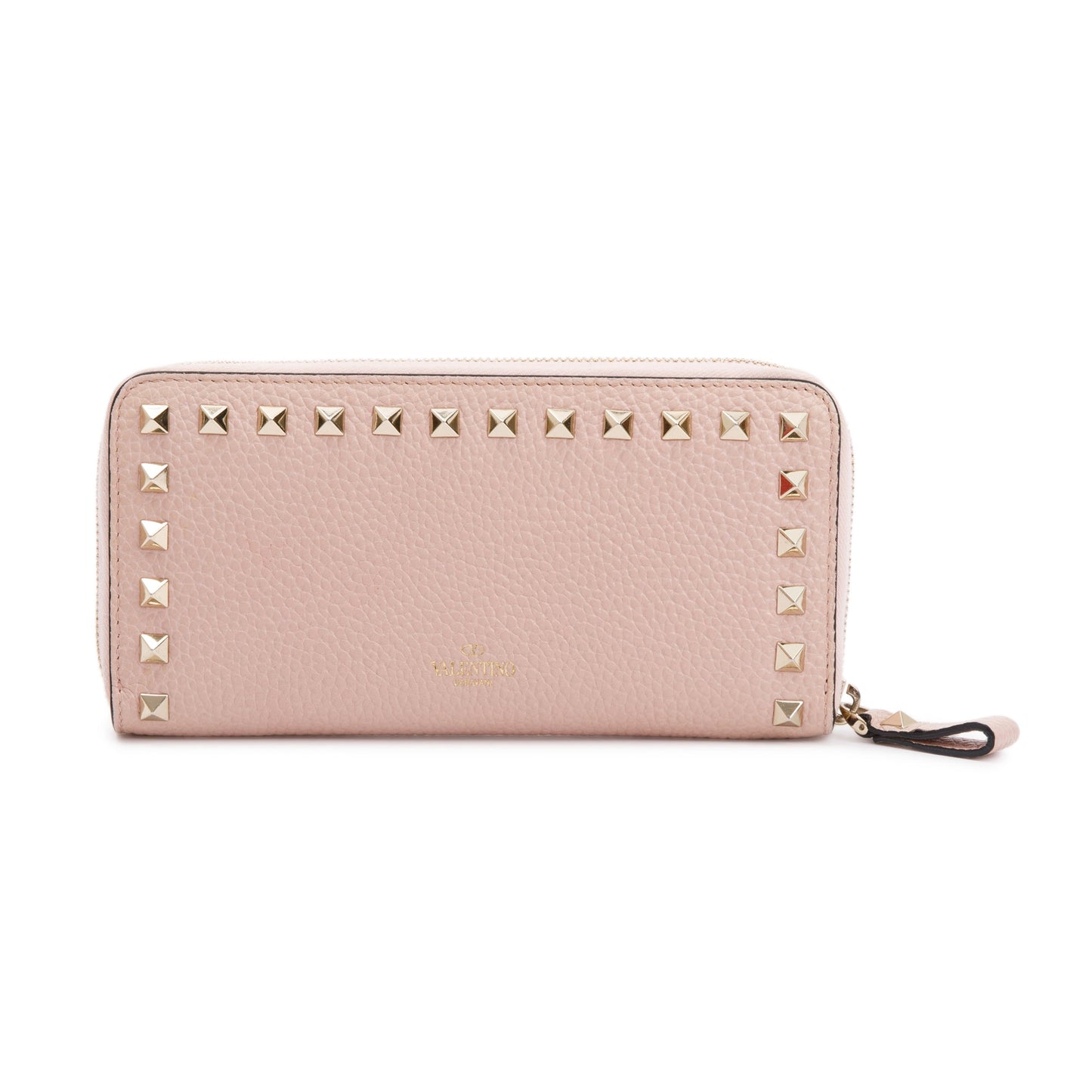 Valentino Pink Pebbled Calfskin Rockstud Zip Around Wallet