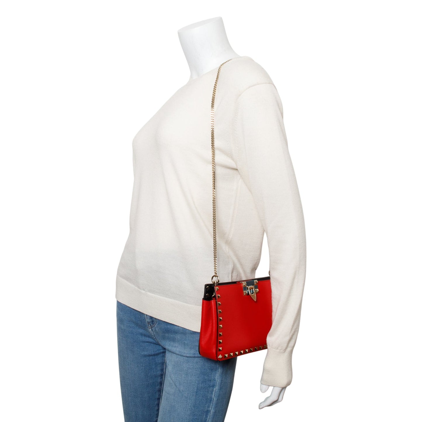 Valentino Red Calfskin Leather Rockstud Clutch with Chain