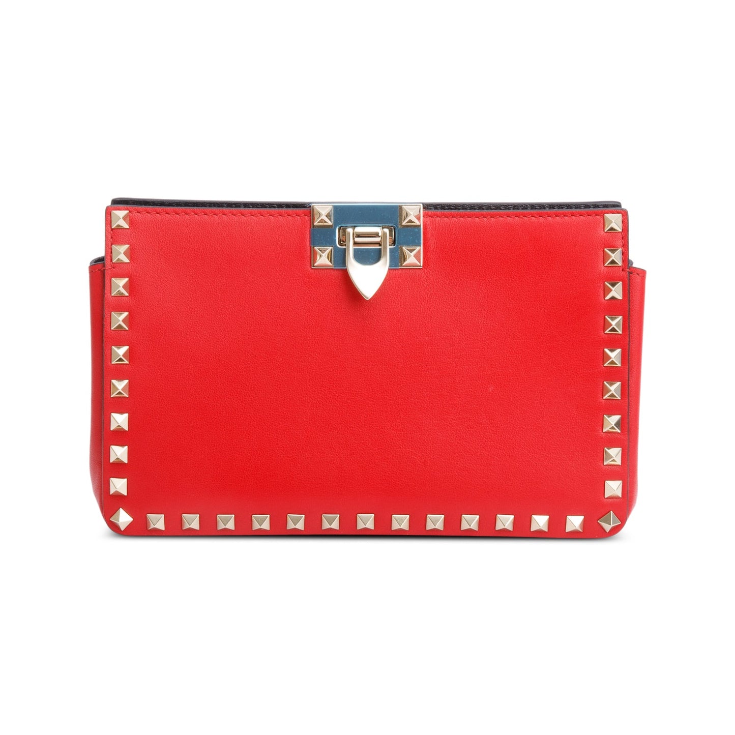 Valentino Red Calfskin Leather Rockstud Clutch with Chain