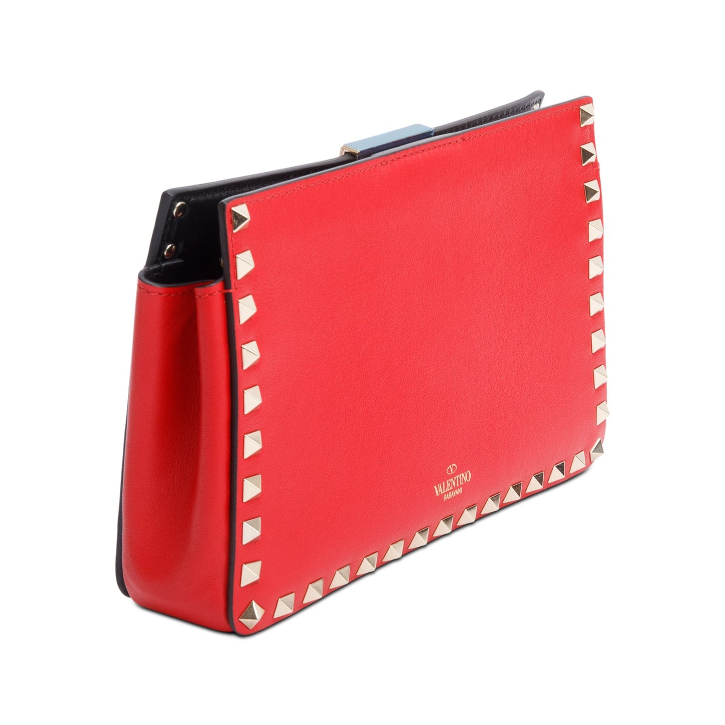 Valentino Red Calfskin Leather Rockstud Clutch with Chain
