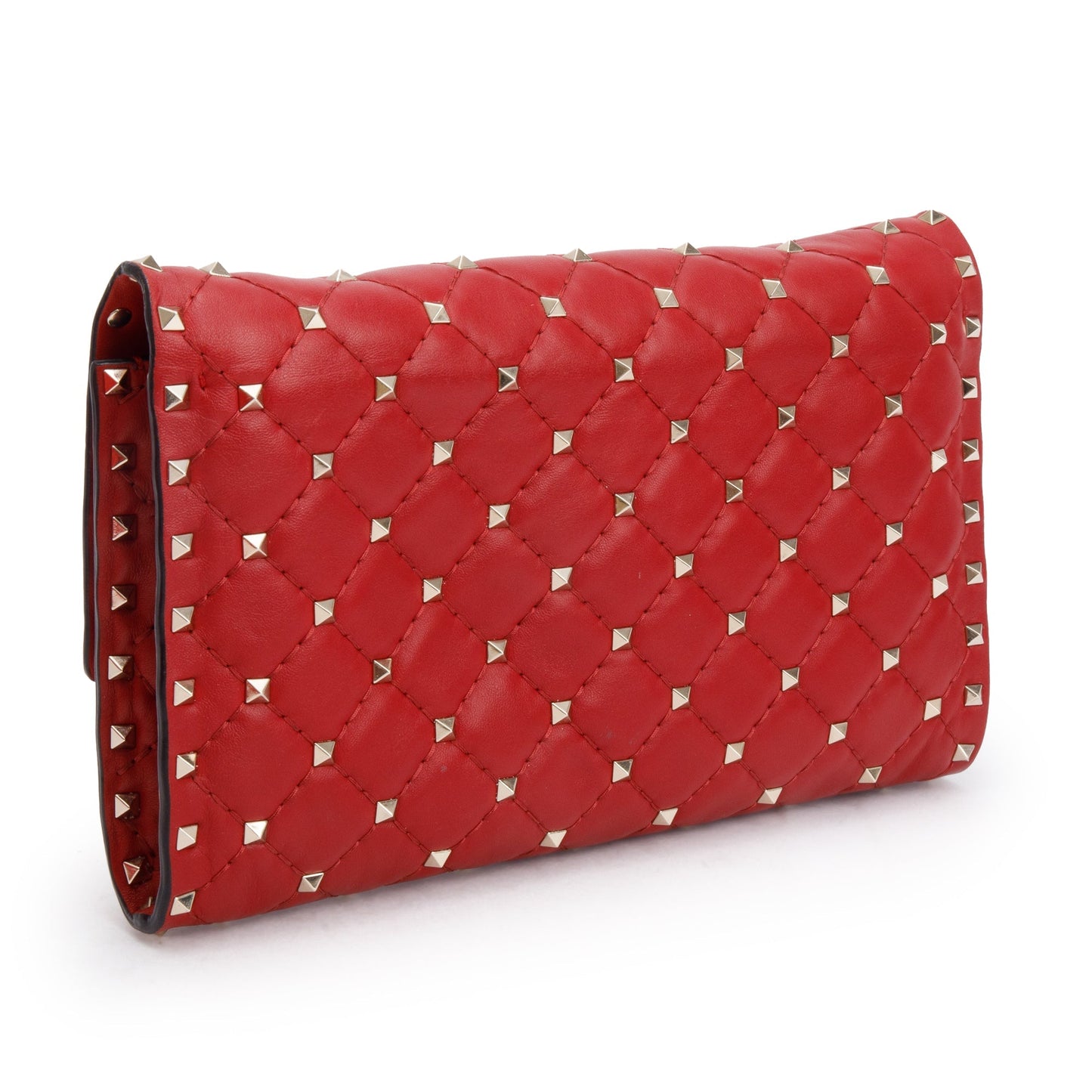 Valentino Red Calfskin Leather Rockstud Spike Wallet On Chain