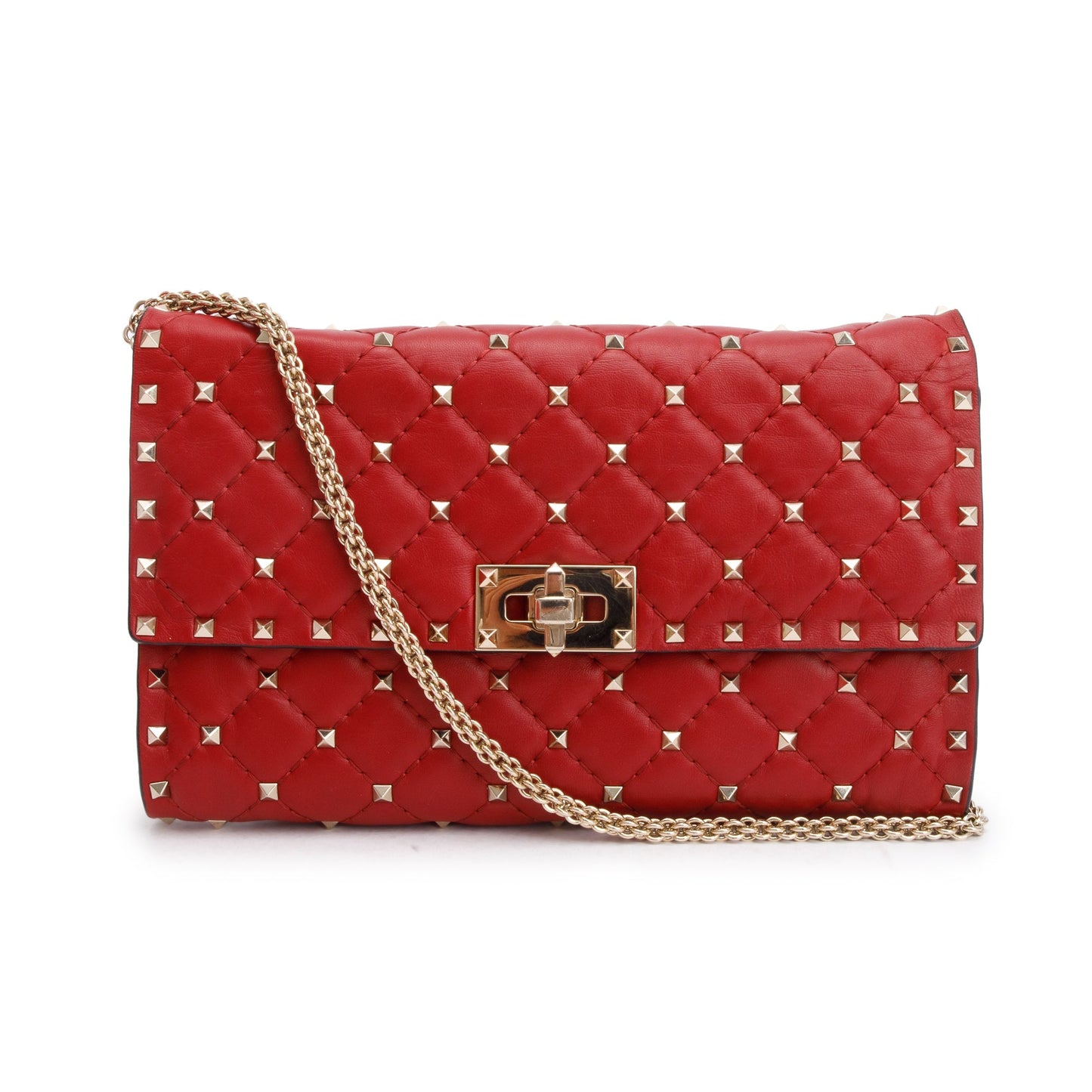 Valentino Red Calfskin Leather Rockstud Spike Wallet On Chain
