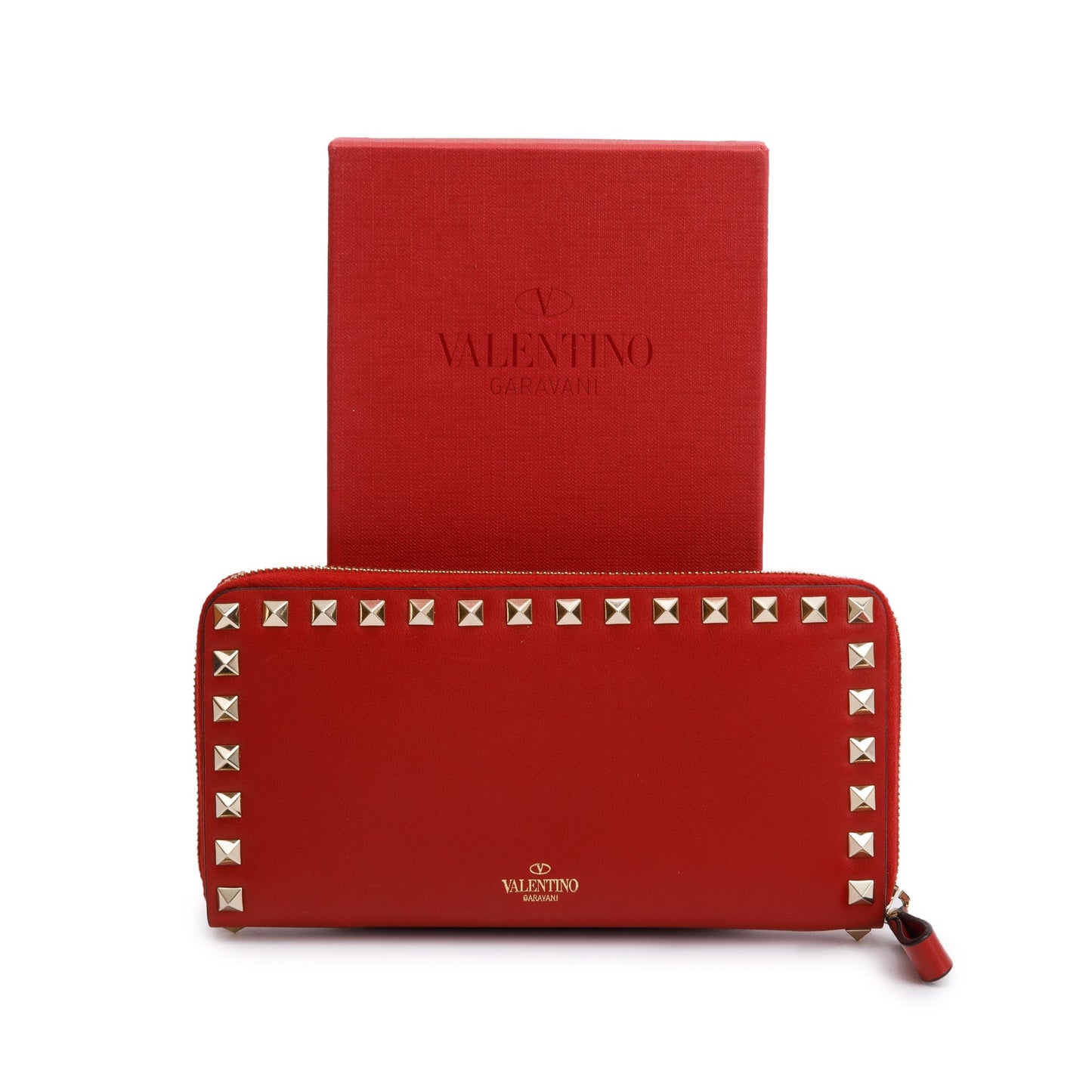 Valentino Red Calfskin Leather Rockstud Zippered Wallet