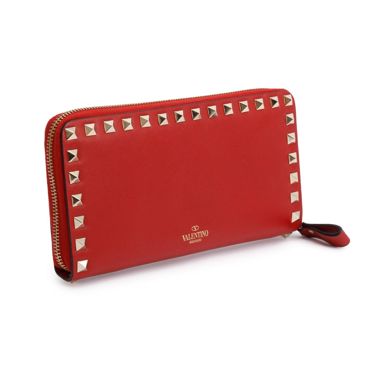 Valentino Red Calfskin Leather Rockstud Zippered Wallet